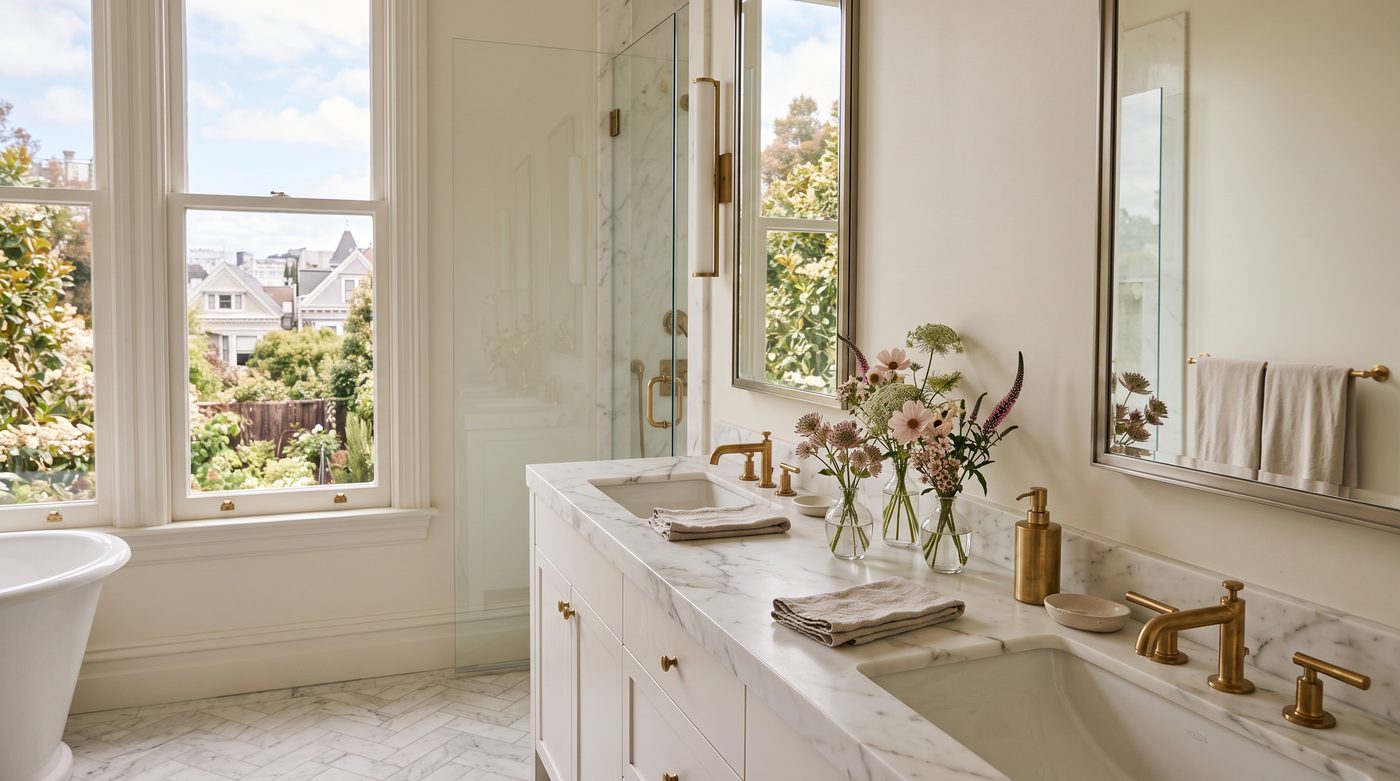 Wildflower bud vases on a marble vanity, SF Victorians beyond
